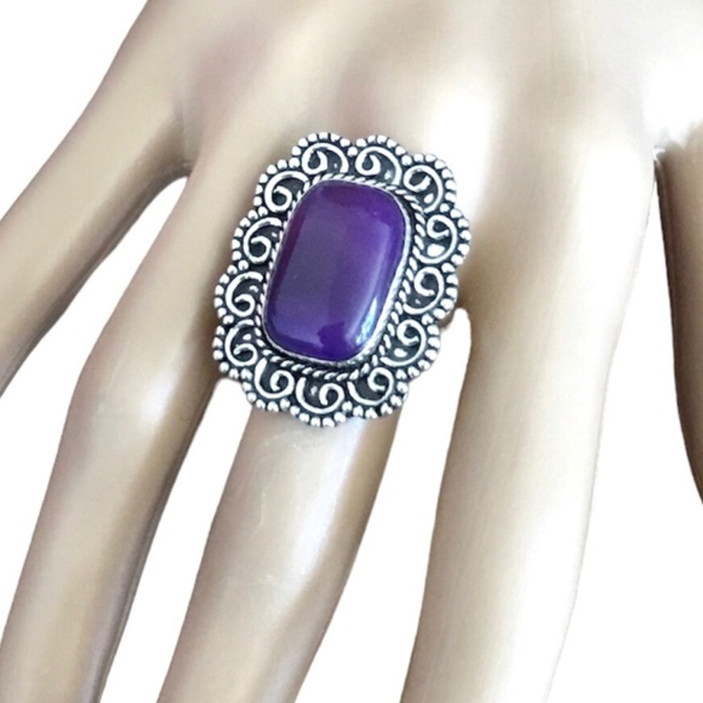 Purple Suglit Gemstone Ring Fancy Scroll Boho
